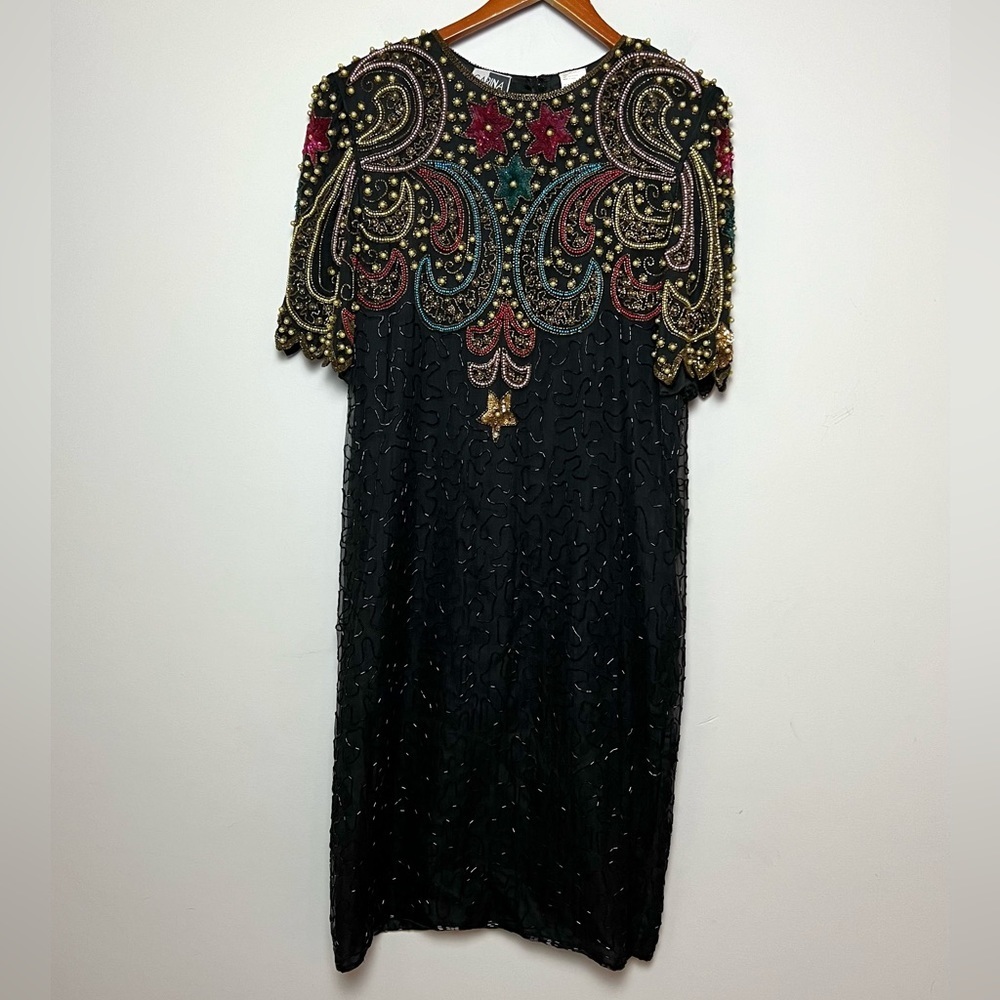 Carina Vintage 80s Ornate Beaded / Sequined 100% Silk Dress Sz 1X